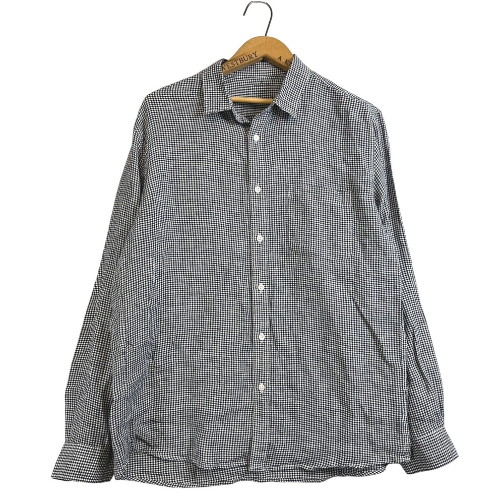 Muji Mens 100% Linen Gingham Check Long Sleeve Button Down Shirt Navy Large